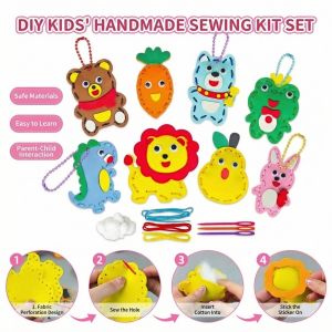 Cute Animal Sewing Kit No-Mess EVA 8 Easy Projects Beginner Learn to Sew Art Crafts Boys Girls DIY Pendants Sew & Stick Pet Gift