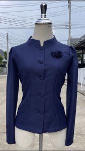 โปรโมชั่นราคาพิเศษ!! เสื้อไหมลาวมีดอกไม้​ สีกรม