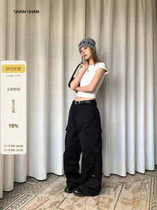 กางเกงขายาวทรงหลวมสีดำสำหรับผู้หญิง ทรงตรง กางเกงขายาวทรงหลวม กระเป๋าหลายใบ แฟชั่นฤดูร้อน กางเกงขายาวลำลอง