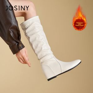 Josiny | White Pointed Toe Below-the-Knee High Boots Heel Boosting Winter