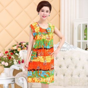 plus Size Artificial Cotton Summer Sleep Dress Thin Silk Cotton Kimono for Middle-Aged And Elderly Women Home Leisure Wear