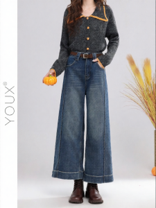YOUXIANG | Quần Jeans Flannel Đùi Cao Chân Rộng 9/10