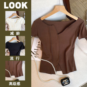 Slim Fit Short Sleeve T-Shirt Womens V-Neck Slit Design Summer Fashion Casual Top Quality Material Pure Color Commute Style