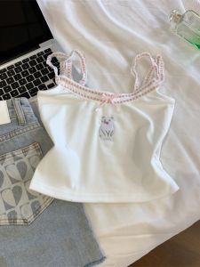 Cute Cat Embroidery Strap Vest Women Summer French Butterfly Knot Lace Wood Grain Edge Sleeveless Mini Top Trend Elegant Style