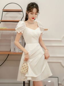 Elegant White French Style Dress Puffy Sleeve Short A-Line Skirt Dress for Engagement Wedding Registration Birthday Party