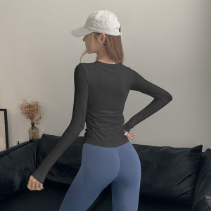 Fitness Girl High Elastic Belt Chest Pad Sports Tops Waist Covering Belly Yoga Clothes Long Sleeves Tight Pamela Training T