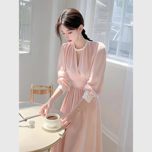 Elegant Pink French Style Long Dress Womens High Waist A-Line Skirt Lace Splicing Spring Season Fashionable Lady Goddess Feeling