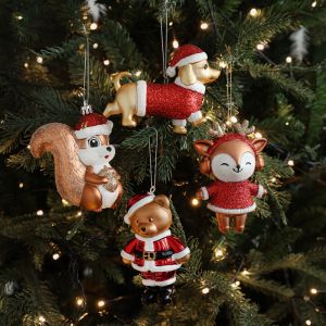 Vintage Christmas Tree Pendant Ornaments with red and gold color novelty Squirrel bear fox and puppy hanging Party decorative