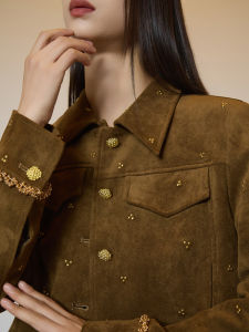 Vintage Stylish Beaded Suede-like Jacket and Midi Skirt Set