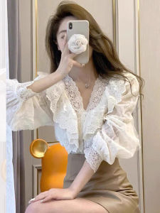 Stylish Versatile Lace Ruffled Puff Sleeve Shirt