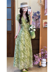 LIRENQING | Vintage Green V-neck Floral Dress Slim-waist Summer Holiday Style