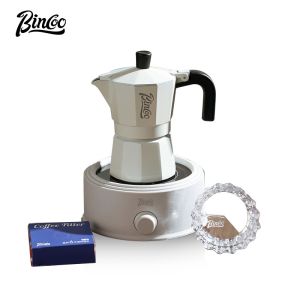 BINCOO หม้อโมก้าวาล์วคู่พร้อมเตาไฟฟ้าเครื่องชงกาแฟสไตล์อิตาเลียนประกอบด้วยกาแฟ Penggiling Kopi ด้วยมือชุดอุปกรณ์2ถ้วย
