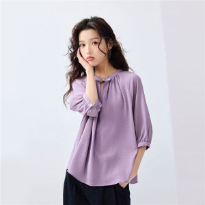 Giordano Womens Casual Style Bubble Pleated round Neck Short Sleeve Shirt Polyester Fiber Five-Quarter Length Regular Fit