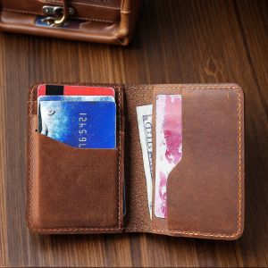 Mens Retro Crazy Horse Leather Small Card Holder Ultra-thin Certificate Mini Small Wallet