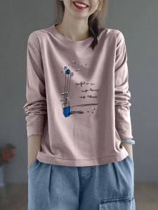 สีชมพู หลวม ผู้หญิง เสื้อยืดตัวในสวมเสื้อแบรนด์ลดราคาตู้เสื้อผ้าถอนส่งออกการค้าฤดูใบไม้ร่วง ลำลอง ผ้าฝ้าย เสื้อท่อนบน