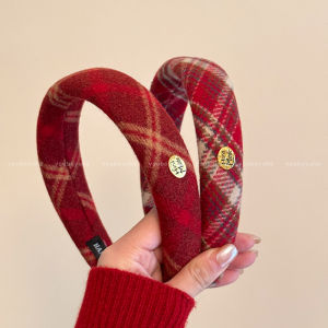 New Year Red Plaid High Top Womens Hairband Festive White Wide Edge Pressed Hair Daily Outdoor Wear Headwear Korean Style