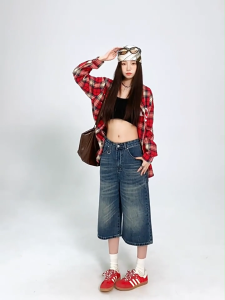 GHAOHES    กางเกงยีนส์ขากว้าง7ส่วนวินเทจ รุ่นใหม่ฤดูร้อน การออกแบบเอวสูงหลวม (V115）