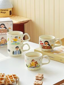 Ceramic Mug Set of 3 Family Matching Water Cups with Lid Cute Cartoon Design Home Use Couple Drinking Cups Kids Water Cup