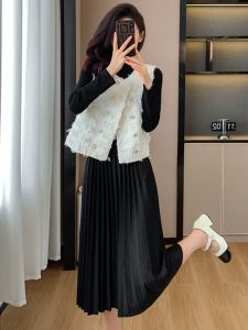 Black Asymmetrical Hem Velvet Dress Two-Piece Set Womens Spring Autumn High-End Elegant Ladylike Pleated Long Skirt