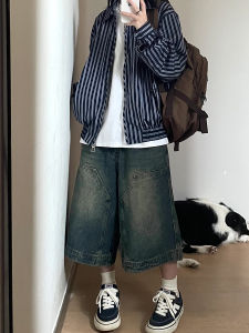 Retro American Washed Patchwork Wide Leg Denim Shorts Womens Summer Loose High Street Seven-Foot Jeans Casual Fashion