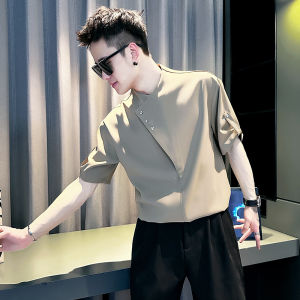 Ice Silk Short Sleeve Shirt Mens Summer Trendy Brand Five Sleeve Inches Shirt 2025 New Casual Stand Collar Shirt Polyester Spandex