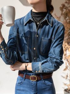 Retro Hong Kong Style Soft Denim Shirt Womens Inner Wear Autumn Winter Loose Casual Small Size Layered Top Cotton Polyester Blend