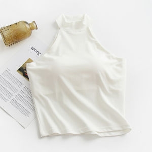 เสื้อชั้นในกีฬาเกาะอกคอปกสีขาวสําหรับผู้หญิงที่มีแผ่นหน้าอกภายใต้สไตล์เซ็กซี่วัสดุเส้นใยวิสโคสฤดูร้อนสวมใส่