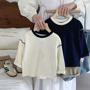 Cartoon Mickey Long Sleeve Childrens T-shirt Pure Cotton Base Layer Top for Boys And Girls Color Block Korean Style Design Breathable