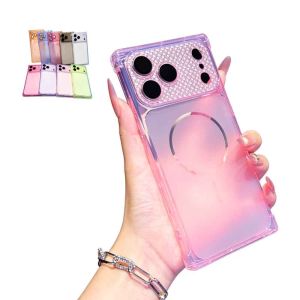 Gradient Translucent Magnetic Phone Case For iPhone 18 Pro Max 17 16 Plus 15 14 Glitter Diamond Camera Lens Protector Square Edge Shockproof Soft TPU Compatible Cover For Women