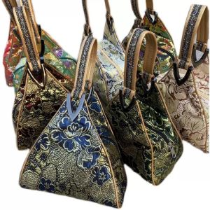 Golden Phoenix Embroidered Brocade Clutch Retro Triangle Wrist Bag Evening Bag for Women to Pair with Cheongsam. Triangular shape floral embroidery gold and blue colors wrist strap elegant design.