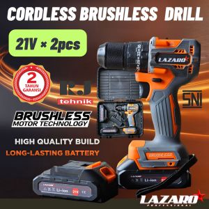 21v Mesin Bor Baterai Cordless Brushless Driver Hammer Drill Keyless Lazaro Fullset 2pc Baterai 21v