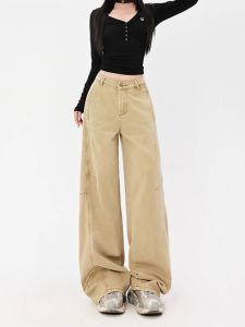 Retro Khaki Denim Jeans Womens Loose High Waist Wide Leg Deconstructed Pants American High Street Design Spring Casual Straight Leg Jeans