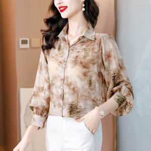 MAIMEI | Elegant Long Sleeve Shirt Womens Style Mom Slimming Top Trendy Early Autumn New Arrival Cover Belly Straight Tube Polo Collar