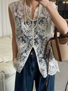 Alisa.Sonya  Womens cut-out  vest sleeveless Lace Vest Dress  Korean lace cardigan