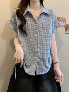 SHIMANQING | Waist-Shaping Checkered Turn-Down Collar Short Sleeve Shirt for Curvy Women