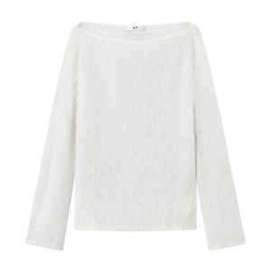 Summer White Shimmering Fabric Casual Boat Neck Long Sleeve Blouse