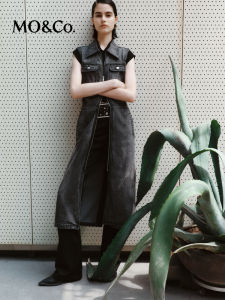 MO＆Co. Rockabilly Style Washed Denim Dress Cotton Metal Zipper Open Front Waist Cinched Grey Long Skirt for Women