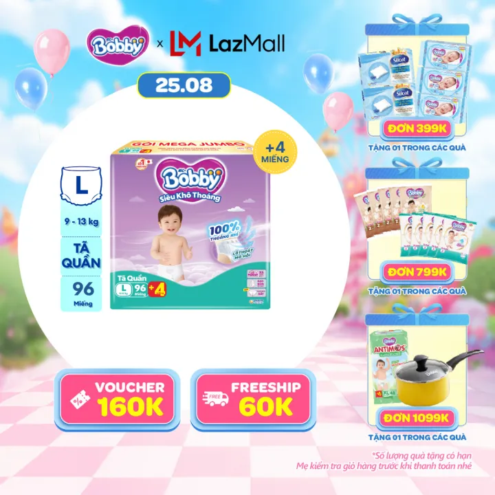 Tã/bỉm quần Bobby 3mm Mega Jumbo Siêu khô thoáng L96