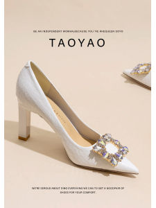 รองเท้าส้นสูงหนังแท้สีขาวสไตล์ฝรั่งเศสสำหรับผู้หญิง ฤดูใบไม้ผลิและฤดูใบไม้ร่วง รองเท้าส้นเดี่ยวสีขาว ทรงหัวแหลม ด้านบนทำจากหนัง