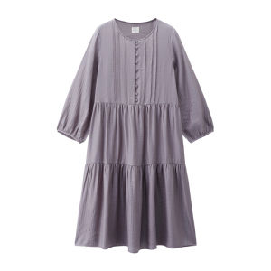 Giordano | Loose Stripe Pleated Round Collar Half Opening Dress