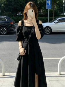 LIRUSHAN | French Audrey Style Black Short Sleeve Off-Shoulder Dress