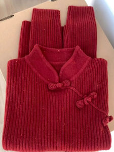 Chinese Style Knitted Sweater with Button Collar Long Sleeve Flag Dress Top Women Base Layer Red New Year Outfit Poem Art Lin