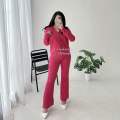 Deluna - Vior One Set Wanita - Setelan Atasan Kemeja Loose Oversize Lengan Panjang Dan Celana Cutbray Highwaist Bahan Knit Stretch Bawahan Kancing. 