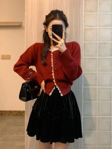 Red Christmas New Year Two-Piece Set Womens Fashionable Sweater Dress Small Fragrance Style Polyester Fiber Long Sleeve Slim Fit