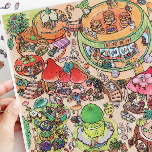 TIANZI 4/8 Pcs Scenes Cartoon Landscape Sticker DIY Cabin Scene Stacking and Pasting Hand Account Decompression Stationery