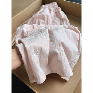 Chao Level Recommend! Pink Bows Embroider Pants Womens Summer Thin and Soft Quick-Drying Small Wide-Leg Straight Pants