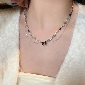 Korean Fashion Double-layer Black Butterfly Necklace Womens Ins Clavicle Chain Girls Niche Design Neck Lace Accessories Jewelry