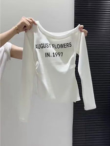 White Shoulder Bared Long Sleeve Letter Print Base Shirt Womens Inner Wear Outer Wear Spring Autumn Top Commute Style Korean Fit