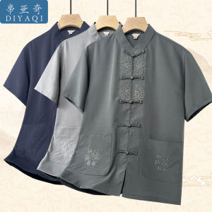 Loose Short Sleeve Shirt Dad Style Middle-Aged Mens Fashion Grandpa Loose Shirt Summer Tang Costume Top Polyester Fiber