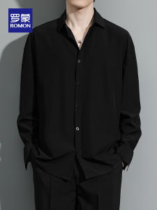 Lormen Black Ice Silk Long Sleeve Loose Fit Summer Shirt Mens Casual Lightweight White Shirt Stylish Drapey Top for Youth